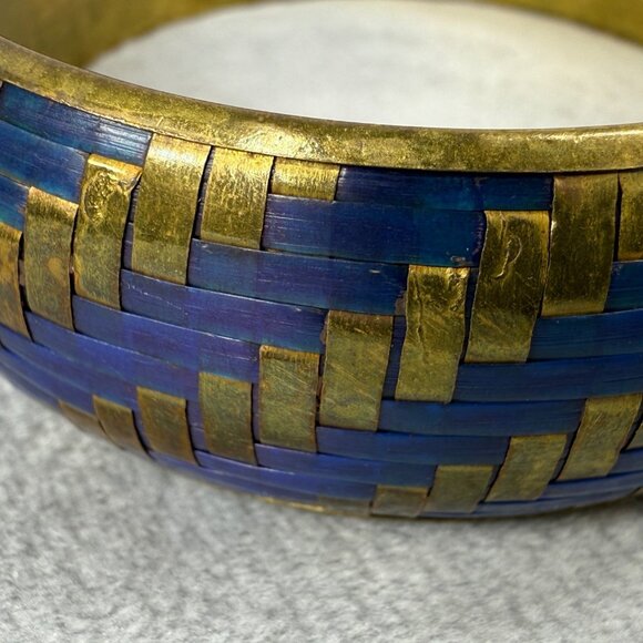 Vintage Brass & Blue Material Woven Design Bangle Bracelet Women Jewelry Classic - Picture 14 of 16
